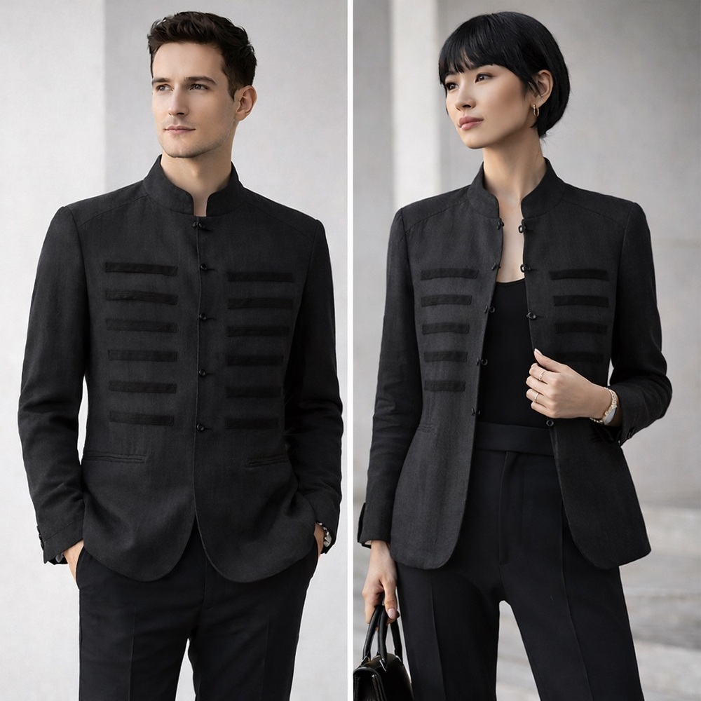 ZARA Black Mandarin Collar Military Jacket Linen Blend NWT Men’s S Unisex